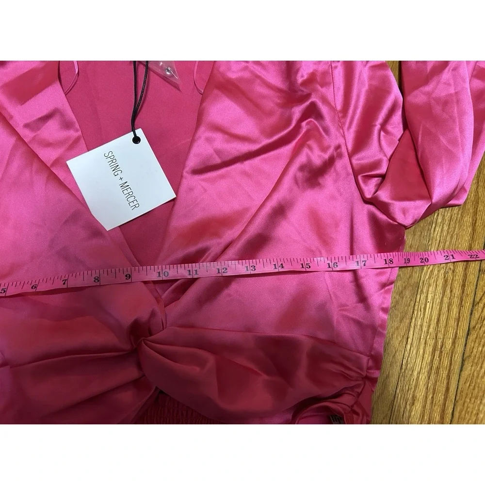 Spring + Mercer Pink Satin Twist Front Crop Top Long Sleeve V- Neck Blouse New L